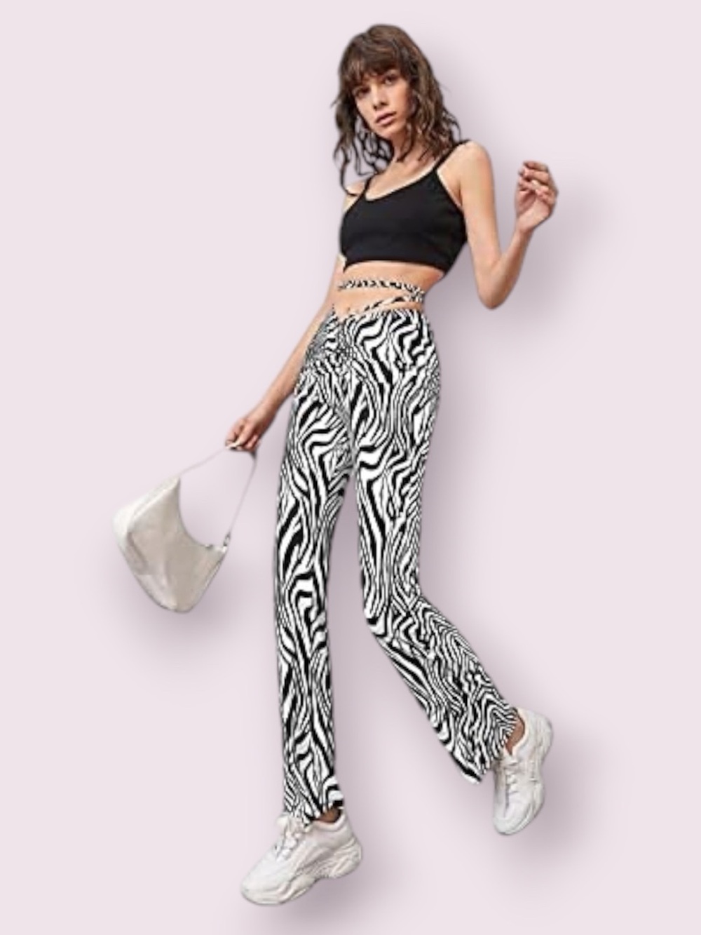 Sheln Zebra Striped Ruched Crisscross High Waist Flare Leg Pants